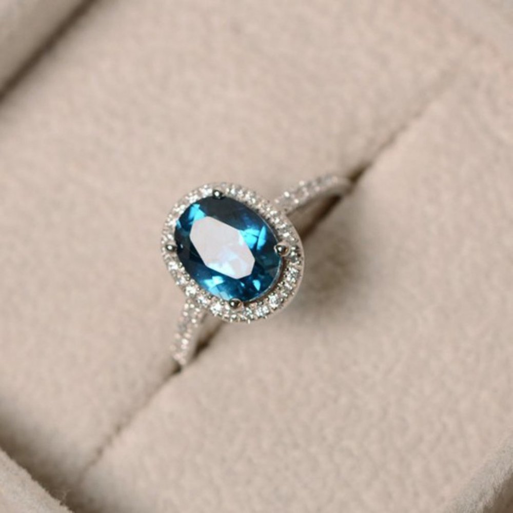 NEW Silver Tanzanite Diamond Halo Oval Cut Ring - Picture 2 of 5